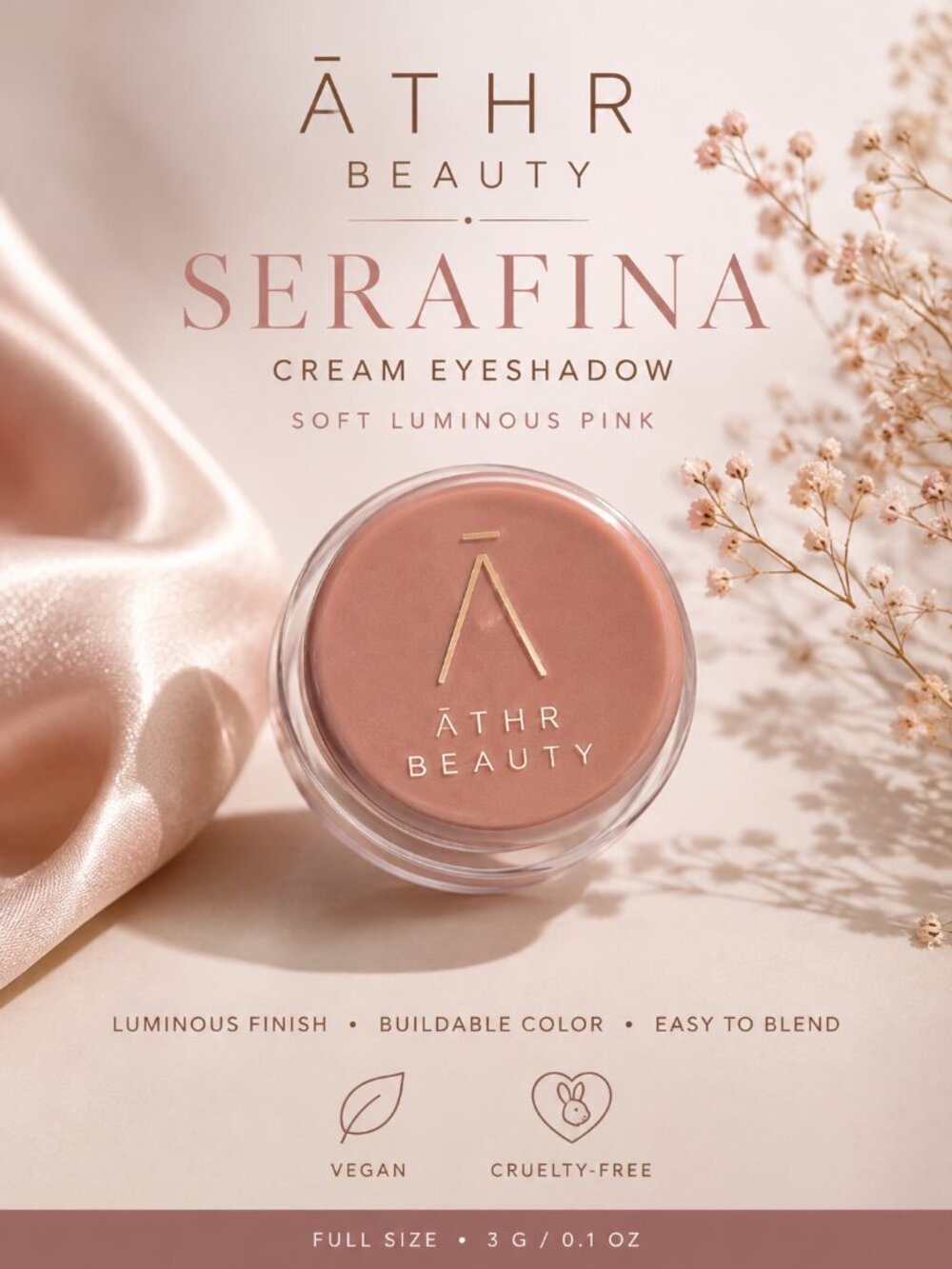 ATHR Beauty Serafina Cream Eyeshadow Soft Pink Luminous Vegan 3g Full Size